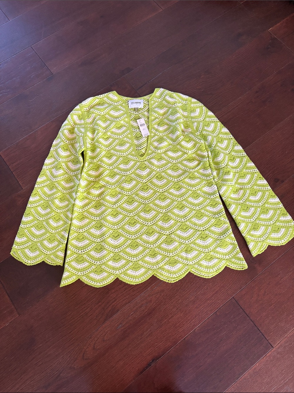 Celandine Neon Lime Knit Eyelet Crochet Scallop Tunic Beach Cover Up size sm/xs